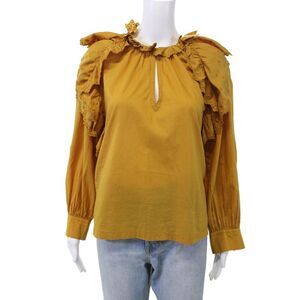 Masscob Womens Cotton Long Sleeve Embroidered Ruffle Blouse Yellow Size S